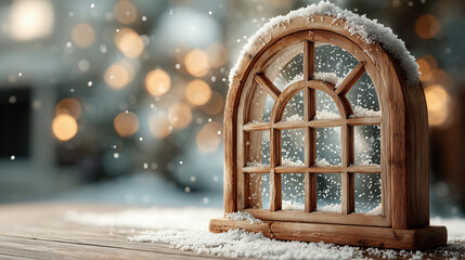 Wooden arched window with snow and bokeh