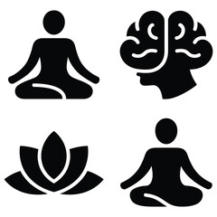 Icons representing mindfulness, mental health, and spiritual wellbeing, featuring meditation figures, a human brain, and a lotus flower, isolated on