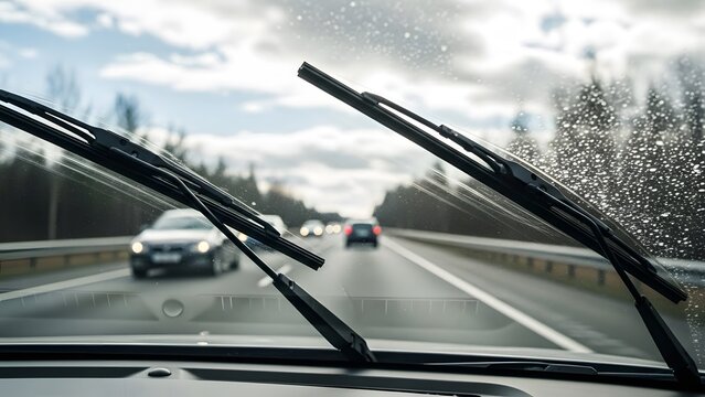 View from inside a car with windshield wipers clearing rain on a highway, with cars and trees visible in the background.