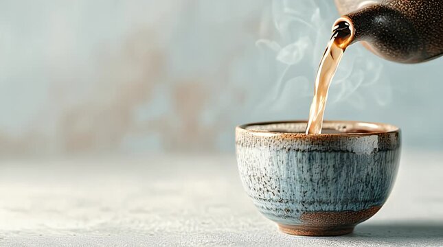 Steaming liquid pours from a dark ceramic spout into a textured bowl. Soft, muted background with a neutral foreground