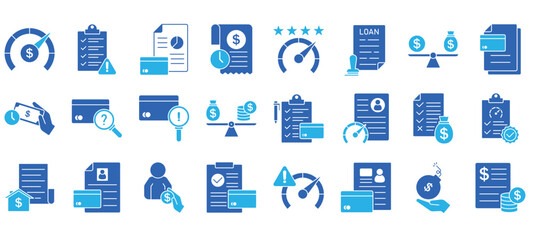 Creditworthiness assessment icon collection set. Containing credit, score, financial statement, income, debt, asset, liability, collateral icon.