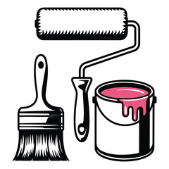Painting tools set with a roller, a brush, and an open can of vibrant pink paint, ideal for home renovation, art, and diy projects, isolated on
