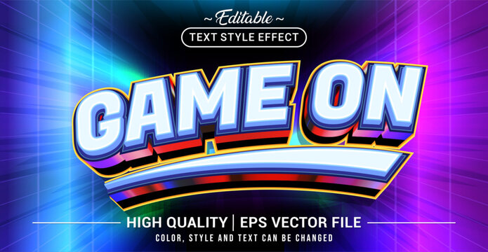 Editable text effect vector &ldquo;Game On&rdquo;, featuring bold, energetic, arcade-inspired lettering that evokes competitive spirit, dynamic action, and exciting gaming moments.