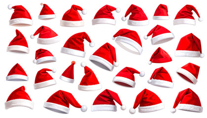 Santa Claus caps isolated on white background, multiple red and white Christmas hats, festive holiday accessories, seasonal decoration, Christmas party illustration PNG.