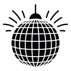 Stylized black and white disco ball illustration with radiating light, symbolizing celebration, party, music, and dance, great for retro themes and festive designs, isolated on