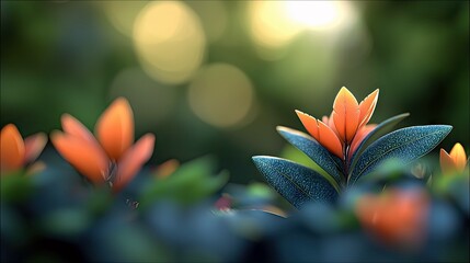 A close-up of a young plant with vibrant orange leaves emerging from dark green foliage, bathed in soft, diffused sunlight with a bokeh background.
