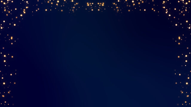 Elegant gold arch border created by fine bokeh and glitter particles over a dark navy blue gradient. Perfect for new year party flyers, announcements, and formal event graphics