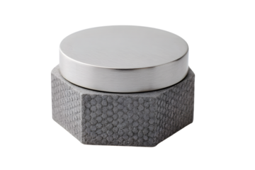 Grey hexagonal container with silver lid, isolated on white isolated on transparent background