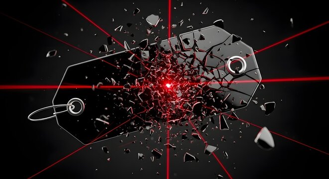 Dramatic price drop explodes with red laser beams on shattered tag, perfect for advertising clearance sale events and dynamic promotional marketing campaigns