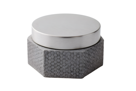 Grey hexagonal container with silver lid, isolated on white isolated on transparent background