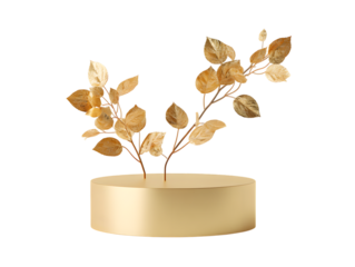 Golden leaves branches on a pedestal, isolated on transparent background