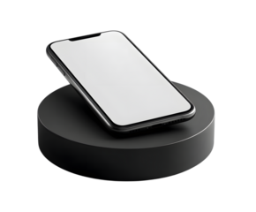 Smartphone on black pedestal, blank screen, isolated on white isolated on transparent background