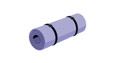 Rolled up purple sleeping mat with black straps for camping or yoga on white background.
