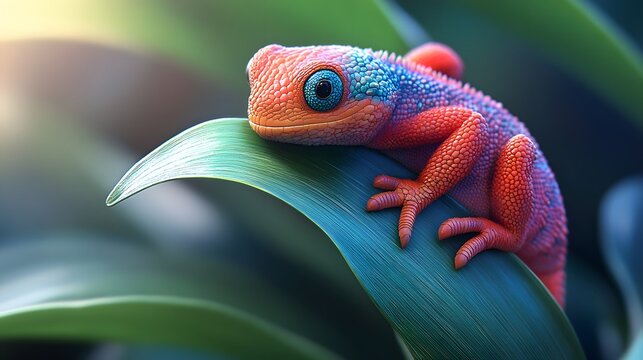 Small pink and blue lizard resting on a large green leaf Photo