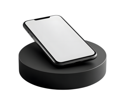 Smartphone on black pedestal, blank screen, isolated on white isolated on transparent background