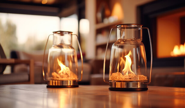 Glass hurricane lanterns glowing with warm firelight