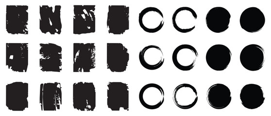 Rectangle and round brush stroke. Collection of black textured circles rounded squares and rectangles on a white background abstract graphic elements.