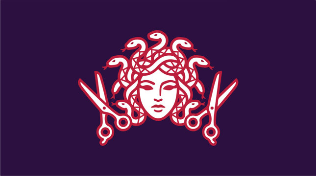 Medusa Hair Salon Logo with Scissors and Snakes.