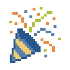 Pixel art party popper exploding with confetti