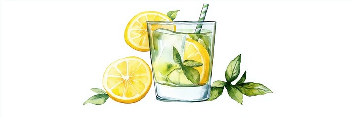 Watercolor glass of lemonade with ice cubes, mint leaves, and fresh lemon slices on white background