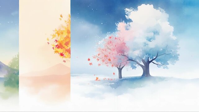日本の美しい四季（春の桜、夏の富士山、秋の紅葉、冬の雪景色）を表現した水彩画風の風景アニメーション