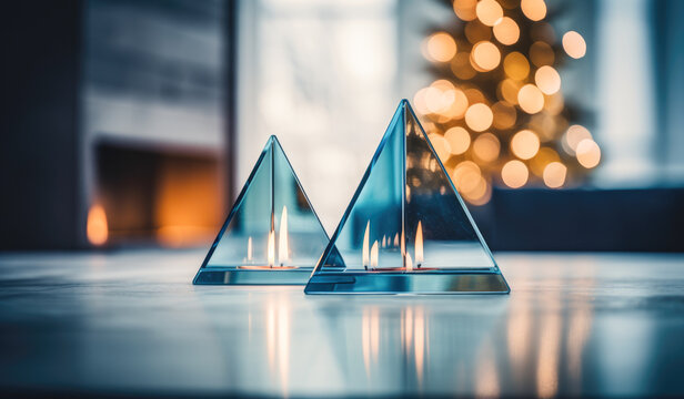 Glass pyramid candles glowing with soft winter light