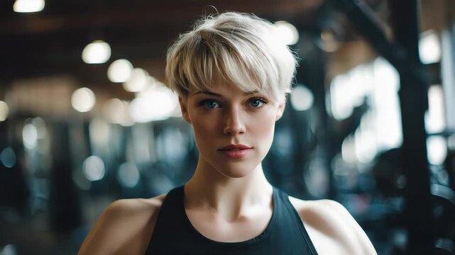 blonde woman with pixie hair cut in the gym, pale skin