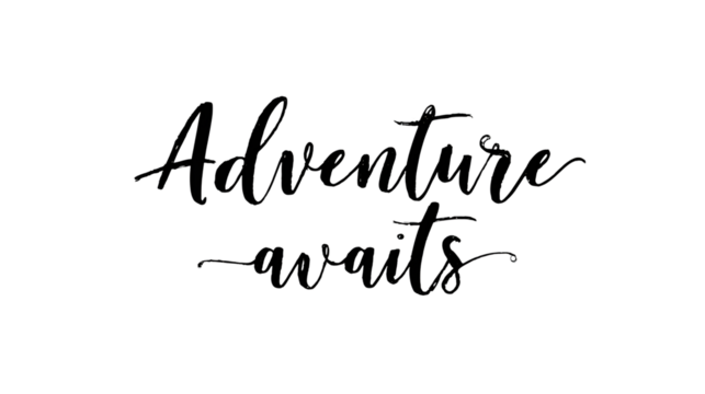 Adventure awaits script text, isolated on transparent background - Powered by Adobe