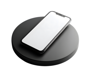 Black smartphone on a circular base, isolated on transparent background