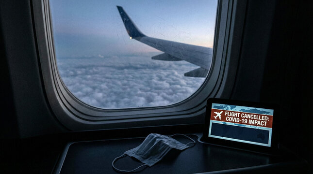 Scenic view from an aircraft window above clouds at sunset, featuring a wing, an empty seat, a mask, and hand sanitizer.