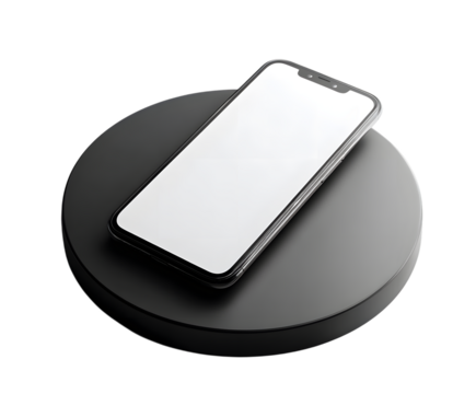 Black smartphone on a circular base, isolated on transparent background