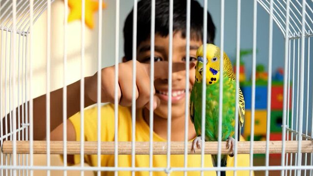 Happy boy points at colorful budgerigar inside white cage. Scene captures childhood curiosity and pet bonding. Ideal for pet care, family lifestyle and education concepts.