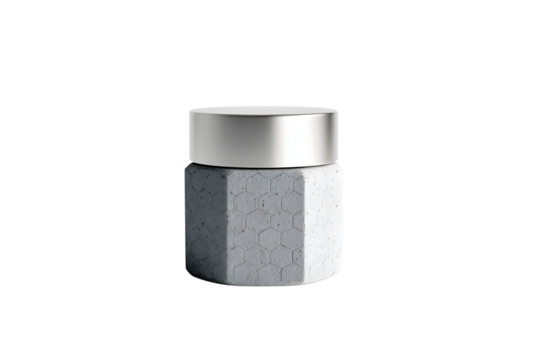 Hexagonal concrete jar with silver lid, isolated on transparent background - Powered by Adobe