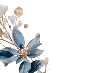 Elegant blue and gold floral branch isolated on transparent background