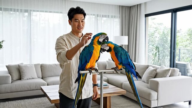 Smiling Asian man pets two blue and yellow macaws in a modern living room. The scene highlights exotic pet ownership and bonding, perfect for lifestyle and animal care themes.