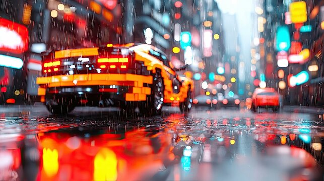 An orange sports car is driving down a wet city street at night. Neon lights from buildings create colorful reflections on the wet asphalt. Rain is falling, add - Powered by Adobe