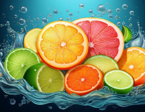 sliced citrus fruits orange lime grapefruit lemon in bubbling water image - Powered by Adobe