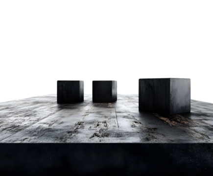 Three dark textured cubes on base, isolated on transparent background