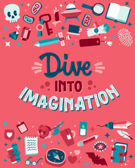 Dive Into Imagination. A design that encourages reading and immersion into the world of books. Complemented by illustrations on the theme of various literary genres. For all your book-themed needs