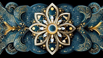 A symmetrical, intricate floral mandala design in deep teal and gold, set against a black background. The central element is a multi-layered flower with white a