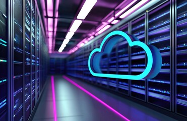Blue cloud icon glowing beside rows of illuminated servers in a futuristic data center with purple lighting and reflections, idea for IT visuals and digital designs