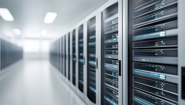 Bright server racks in a clean white data center corridor with blue indicator lights and reflective surfaces, idea for IT visuals and digital designs