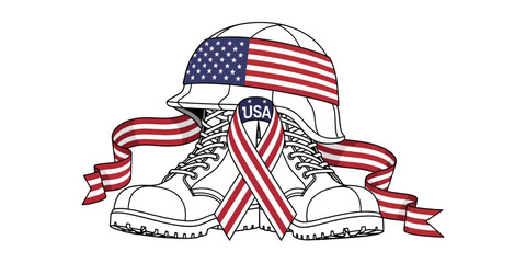 Line art illustration of a military helmet and combat boots, decorated with a United States flag ribbon wrapped around it like an awareness ribbon with the word 