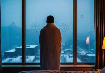 Lonely man in a blanket looks out a hotel window at a snowy city, feeling sad and contemplative on a cold winter day.