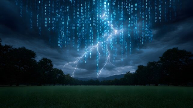 A dramatic digital storm with falling binary code and lightning illuminates a natural landscape