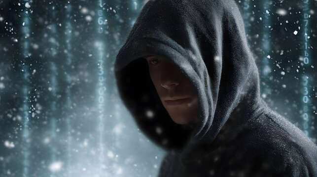Mysterious hooded figure in a snowy digital landscape surrounded by glowing lines of code evoking a sense of cyber secrecy