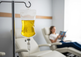 IV Drip Bag with Yellow Liquid, Patient Receiving Medical Treatment in a Clinic Setting for Health and Wellness