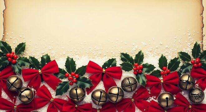 Festive Christmas border with red bows, holly, berries, and golden jingle bells on a parchment background.