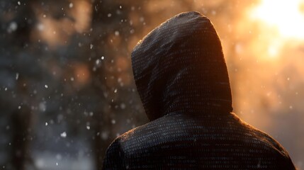 Mysterious hooded figure in falling snow with a binary code pattern during the golden hour
