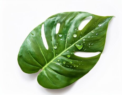 vibrant green monstera leaf with a perfect drop of water isolated on a white background ideal for nature themed projects